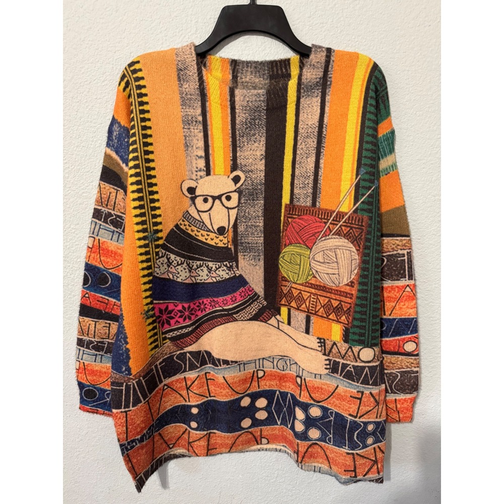 Women Wool Cotton Sweater L Oversized Polar Bear Knitting Graphic Novelty Orange - Picture 1 of 12